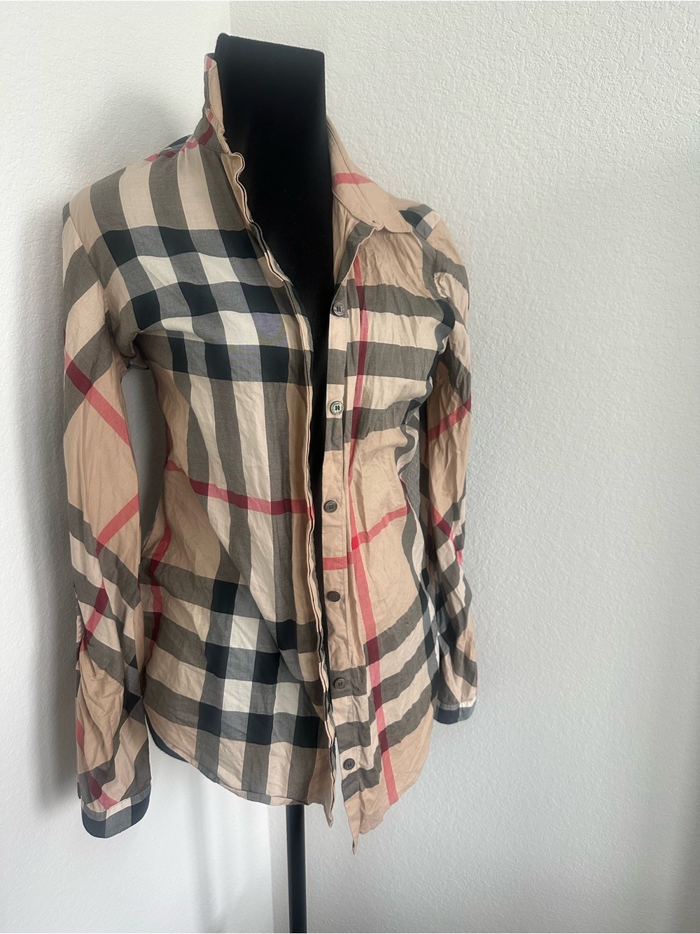 Burberry Beige Plaid Button-Down Shirt with Black and Red Accents